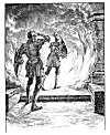 ''Her ample shield she threw before her face,<BR>
And her swords point directing froward right<BR>
Assayld the flame; the which eftsoones gave place,<BR>
And did it selfe divide with equall space.''